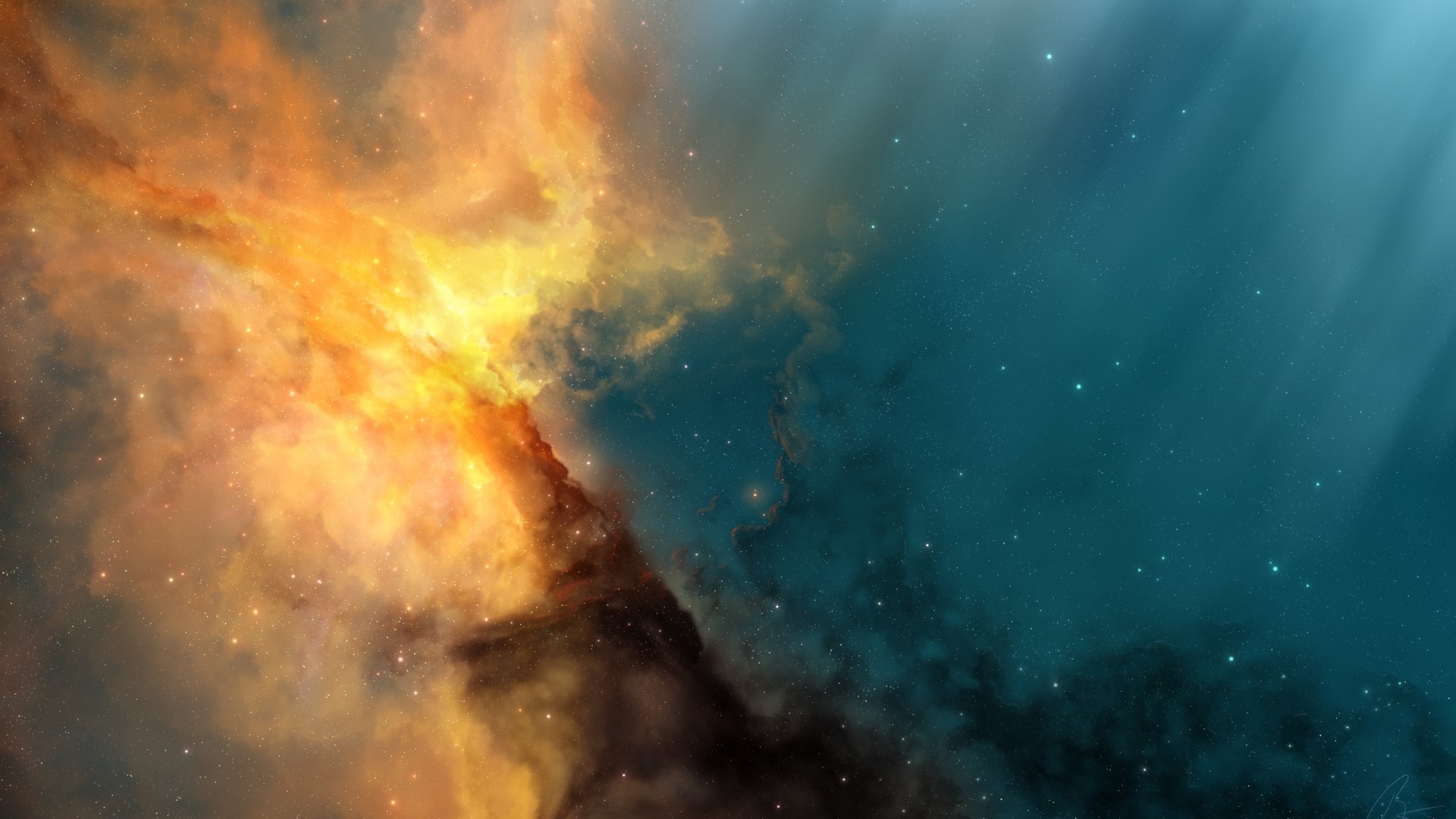 Orange and Teal Nebula with Stars HD Wallpaper