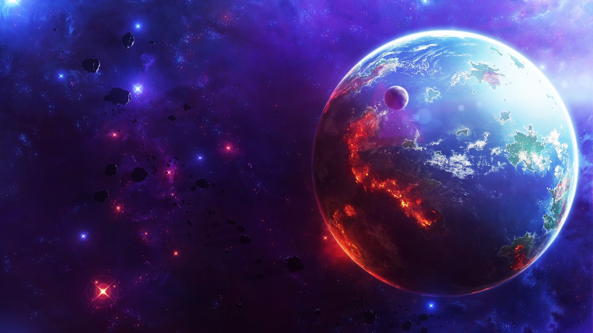 Planet and moon in outer space with asteroids HD Wallpaper