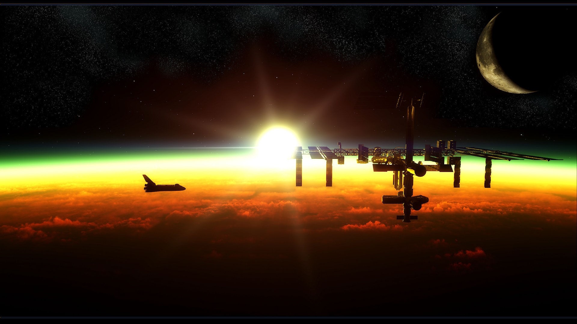 Space Shuttle and ISS orbiting Earth at sunrise HD Wallpaper