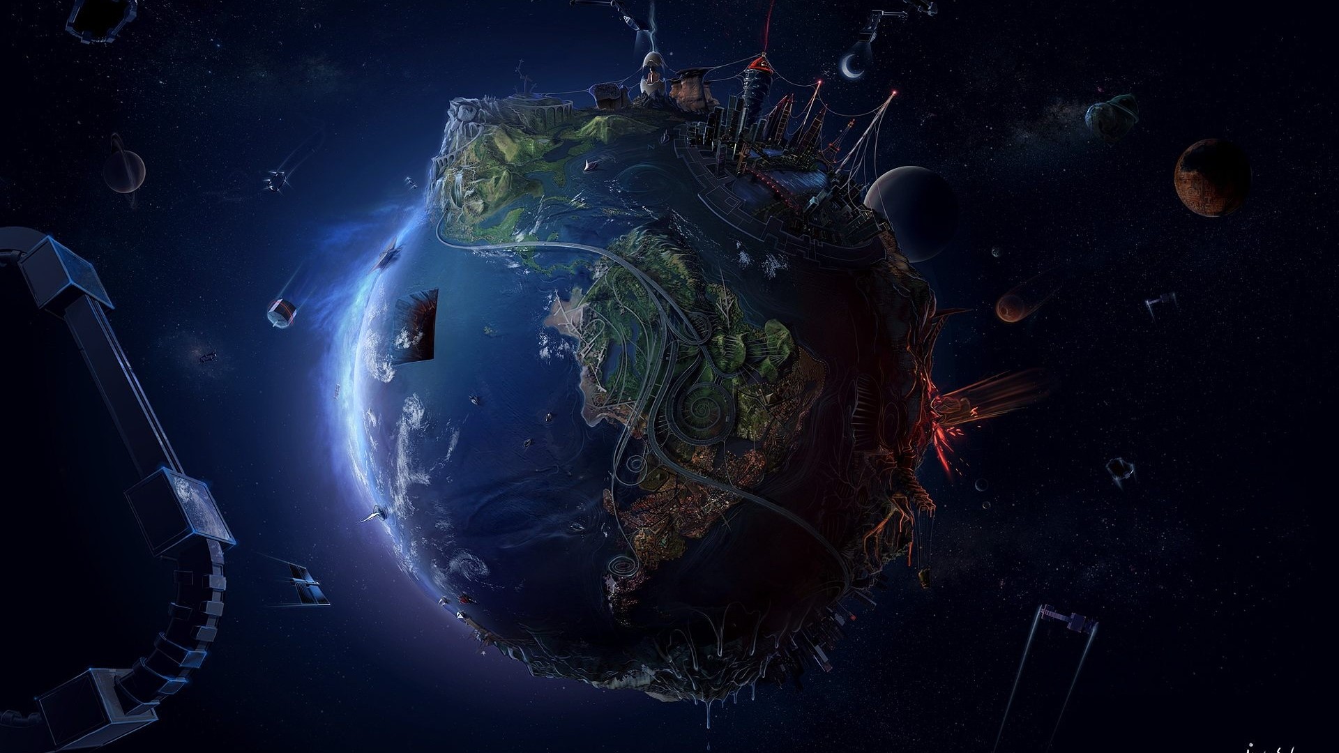 Surreal Earth in Space with Structures HD Wallpaper
