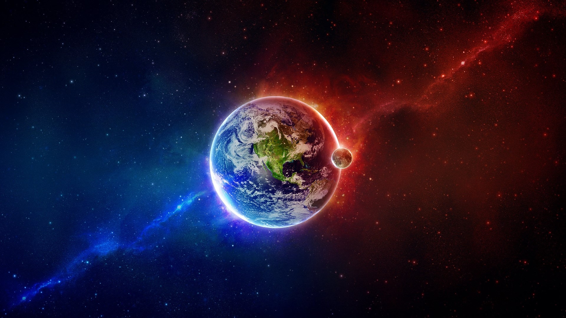 Earth and Moon in a Cosmic Nebula HD Wallpaper