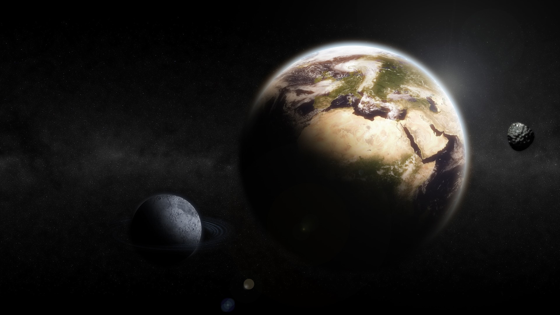 Earth, Moon, and Asteroid in Space HD Wallpaper