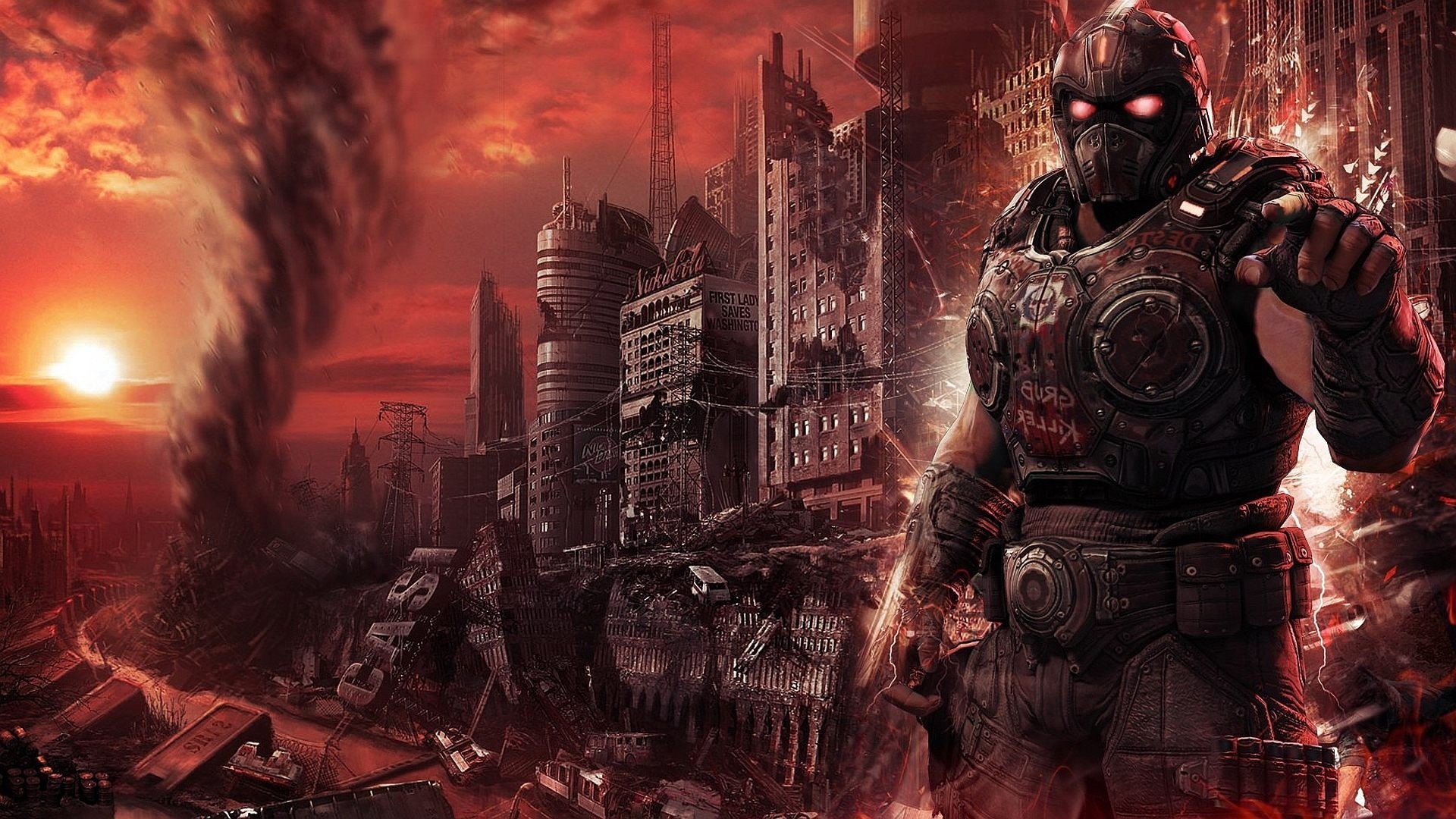 Soldier in armored suit in a destroyed city with a tornado HD Wallpaper