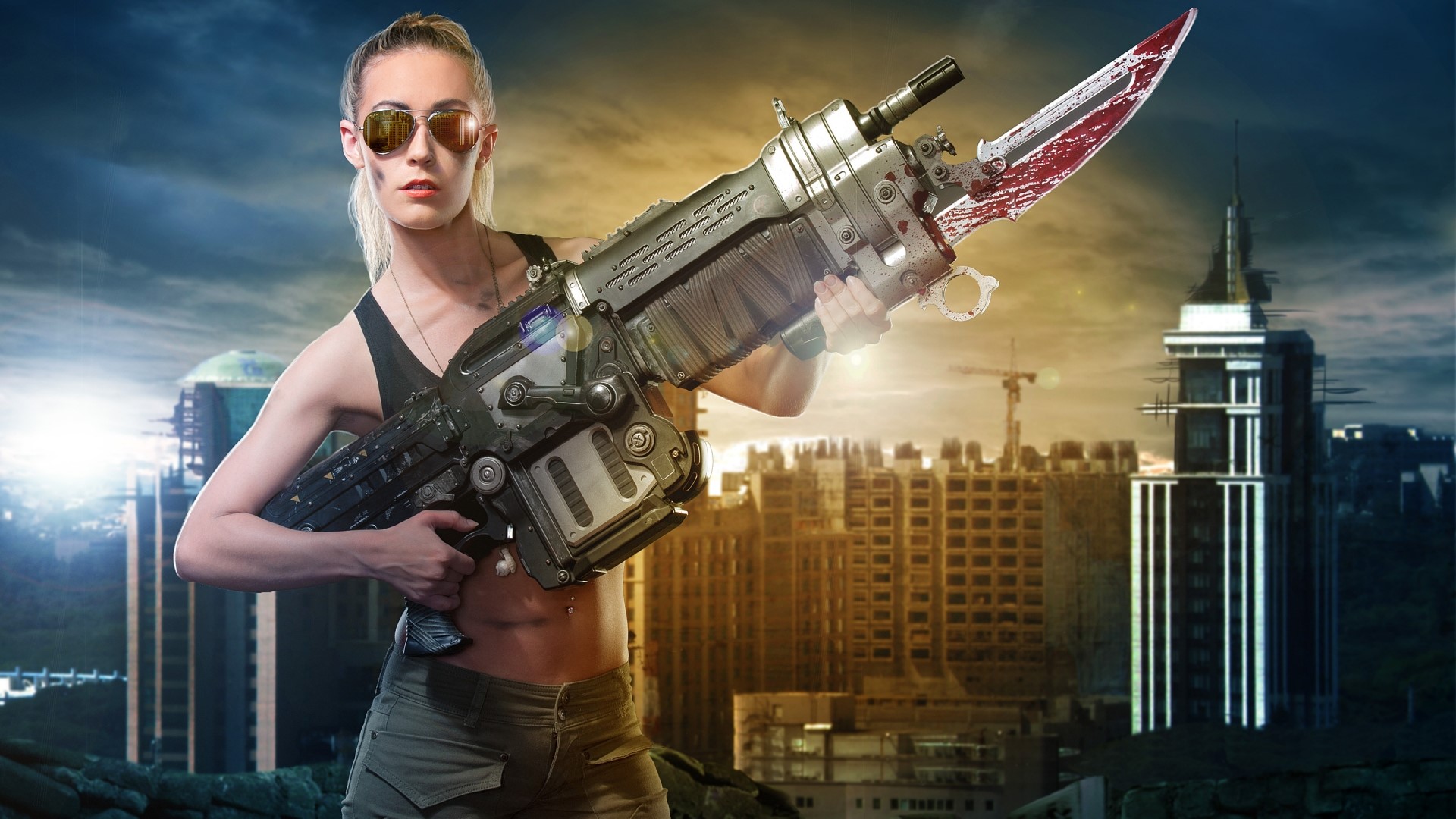 Woman with Gears of War Lancer Cosplay HD Wallpaper