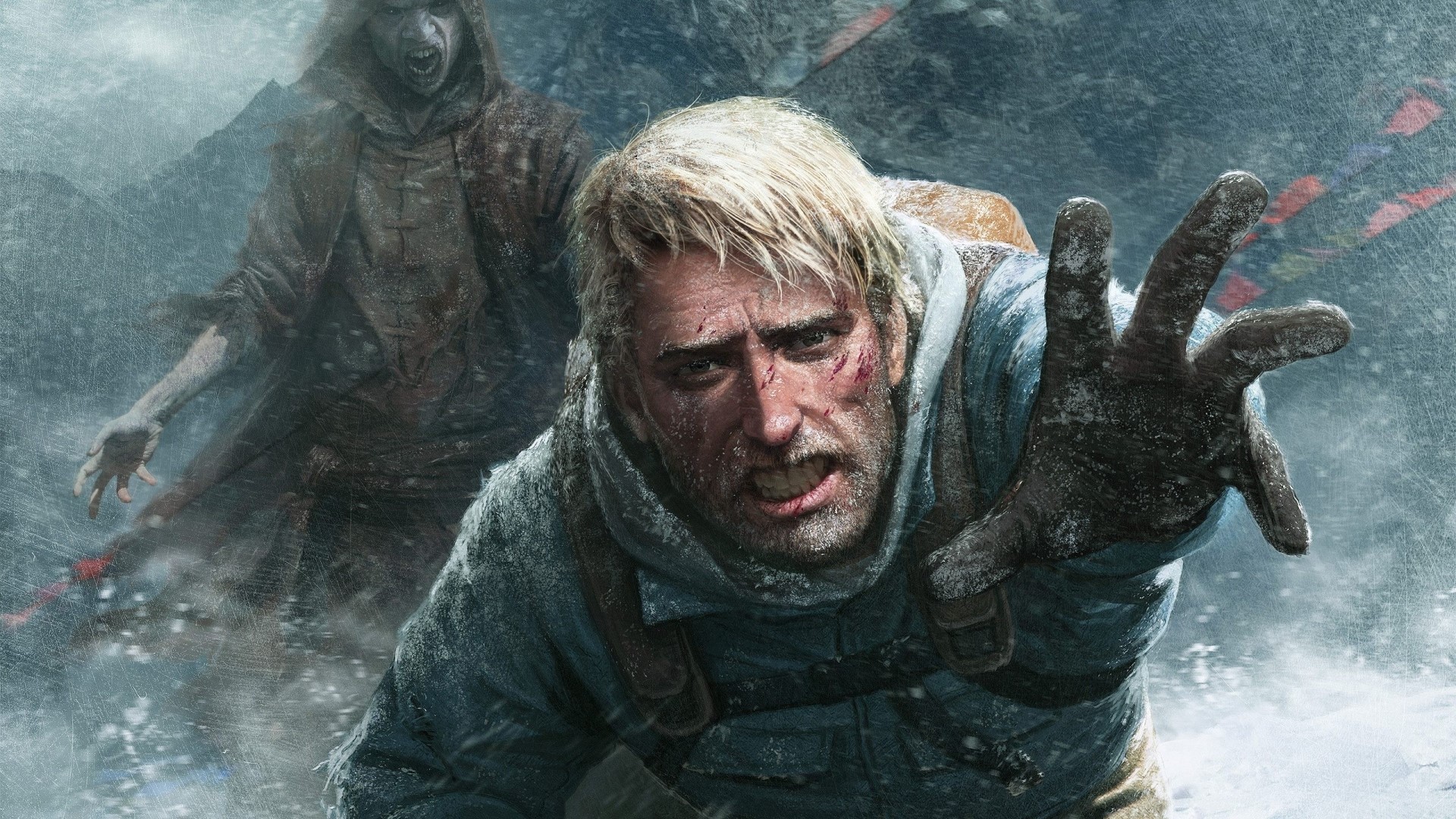 Man reaching out in a blizzard with a creature behind him HD Wallpaper