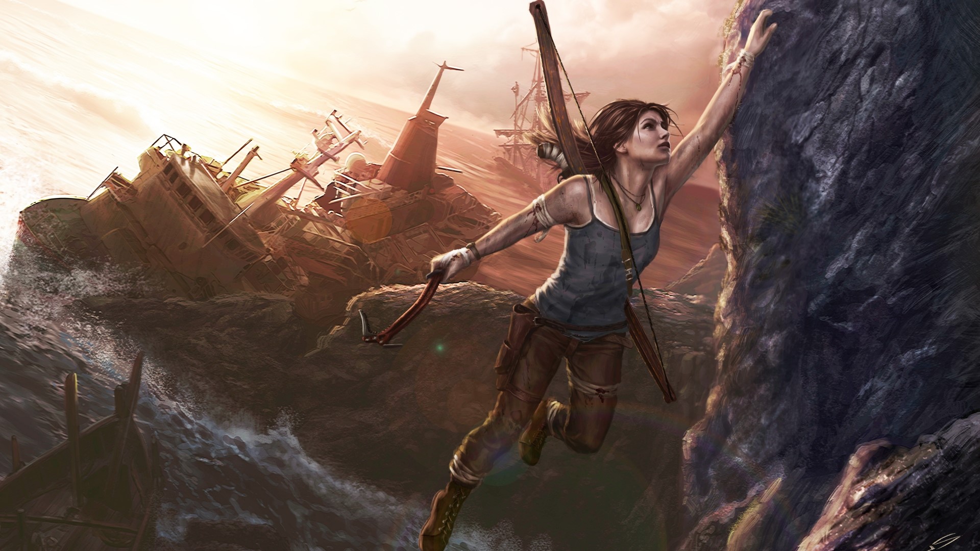 Lara Croft climbing a rock face with shipwrecks in the background HD Wallpaper