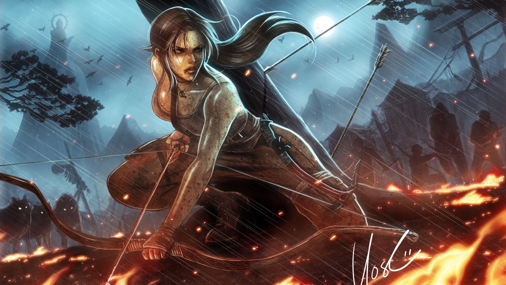Lara Croft from Tomb Raider aiming a bow in a rainy battle HD Wallpaper