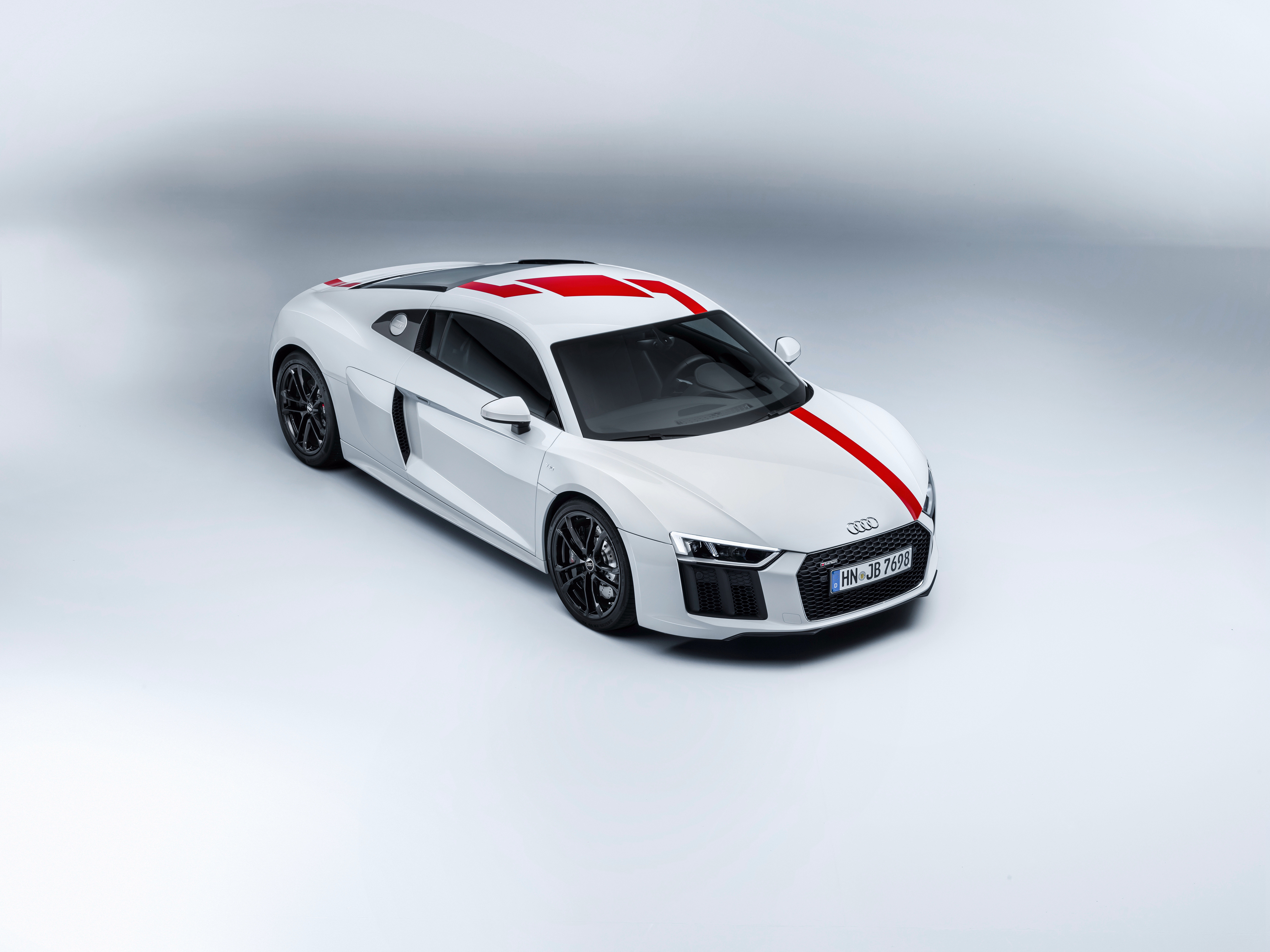 White Audi R8 V10 RWS with red stripes HD Wallpaper