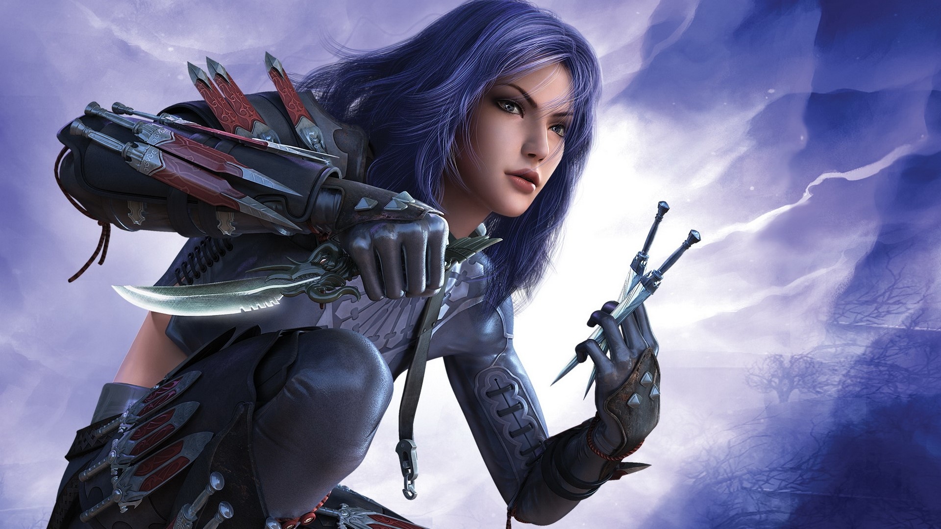 Woman with purple hair and weapons from Guild Wars Factions HD Wallpaper