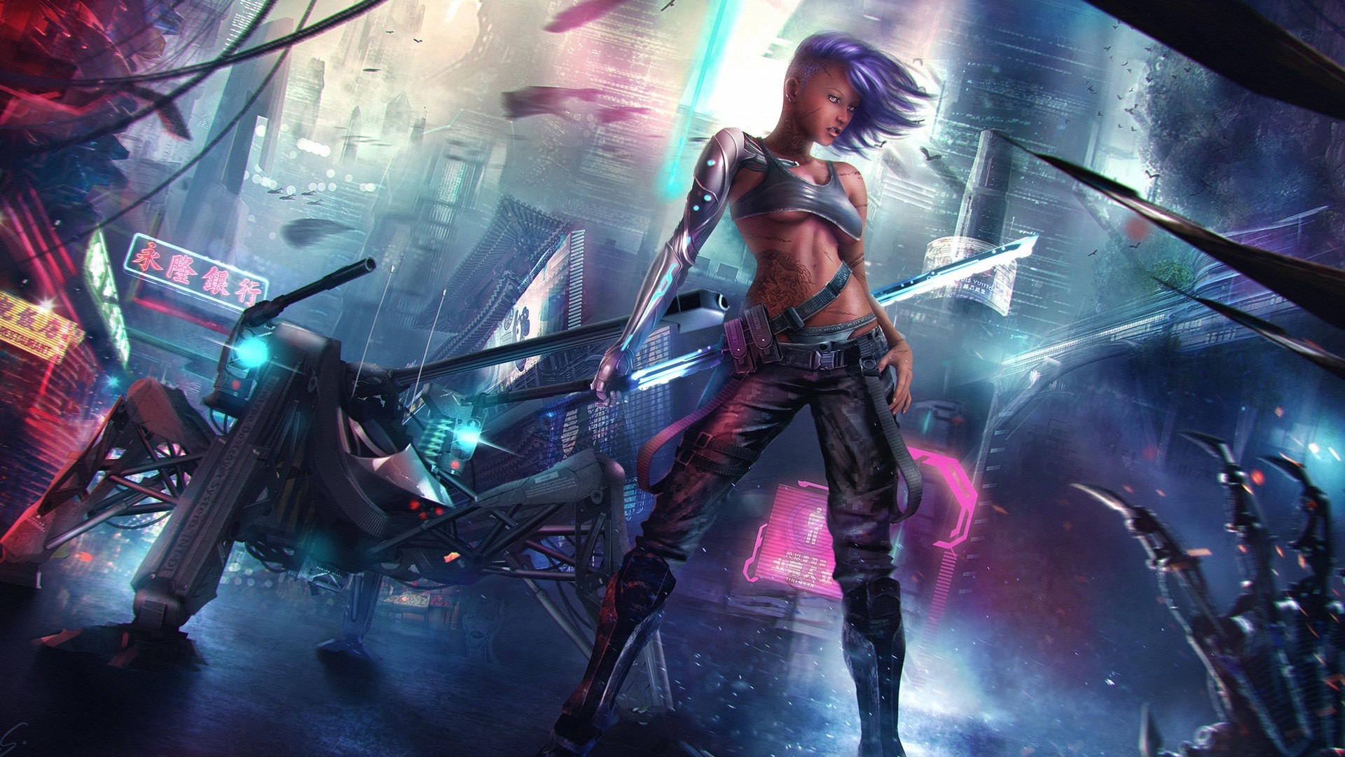 Cyberpunk woman with cybernetic arm and sword HD Wallpaper