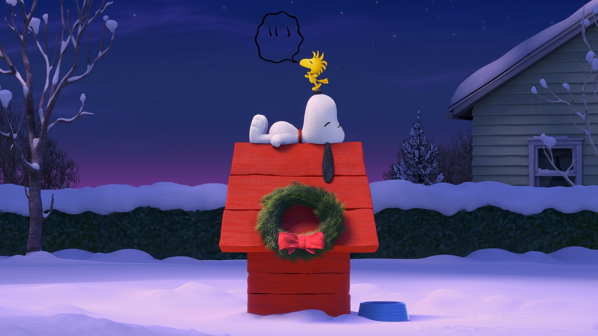 Snoopy and Woodstock on a doghouse in winter HD Wallpaper