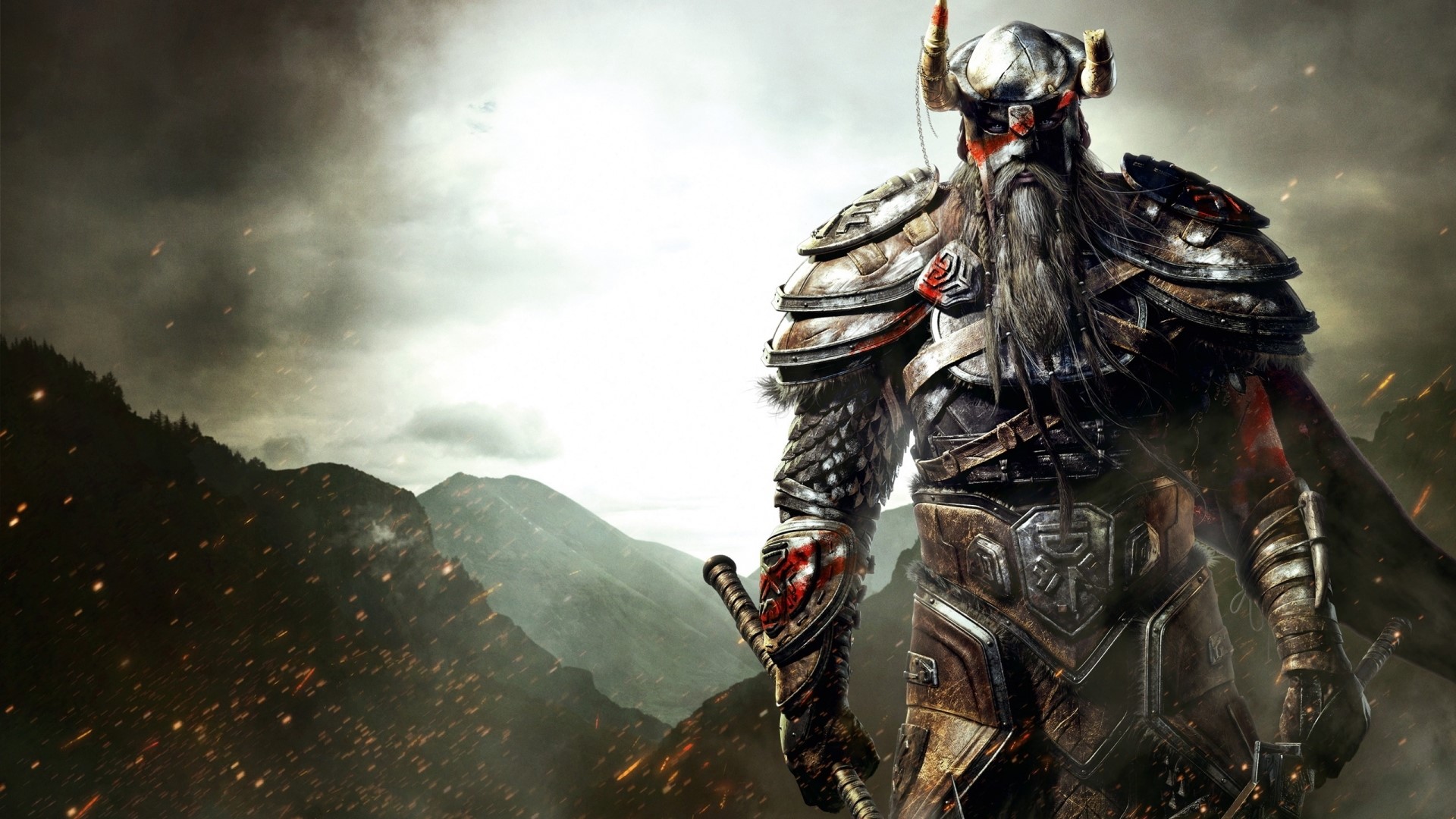 Viking warrior with sword and shield in mountains HD Wallpaper