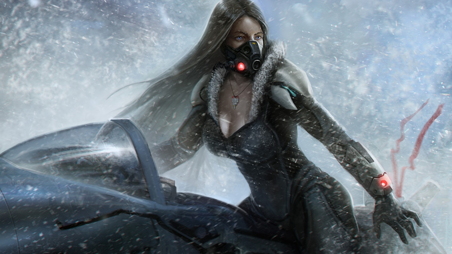 Girl in futuristic gear on a snowmobile HD Wallpaper