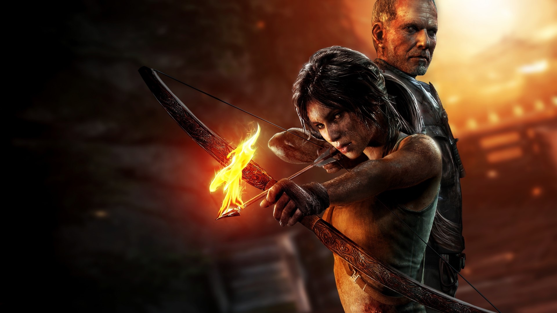 Lara Croft from Tomb Raider aiming a flaming arrow HD Wallpaper