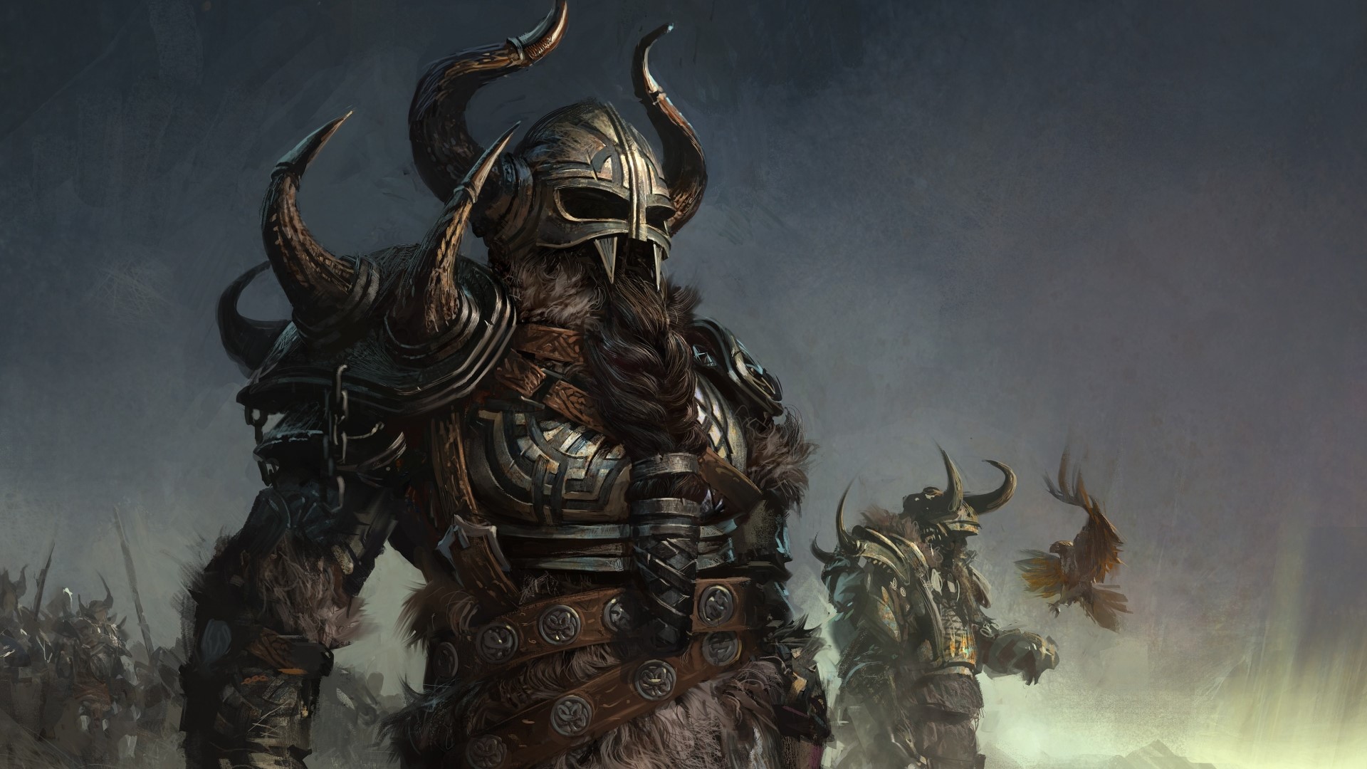 Viking warriors with horned helmets and armor HD Wallpaper