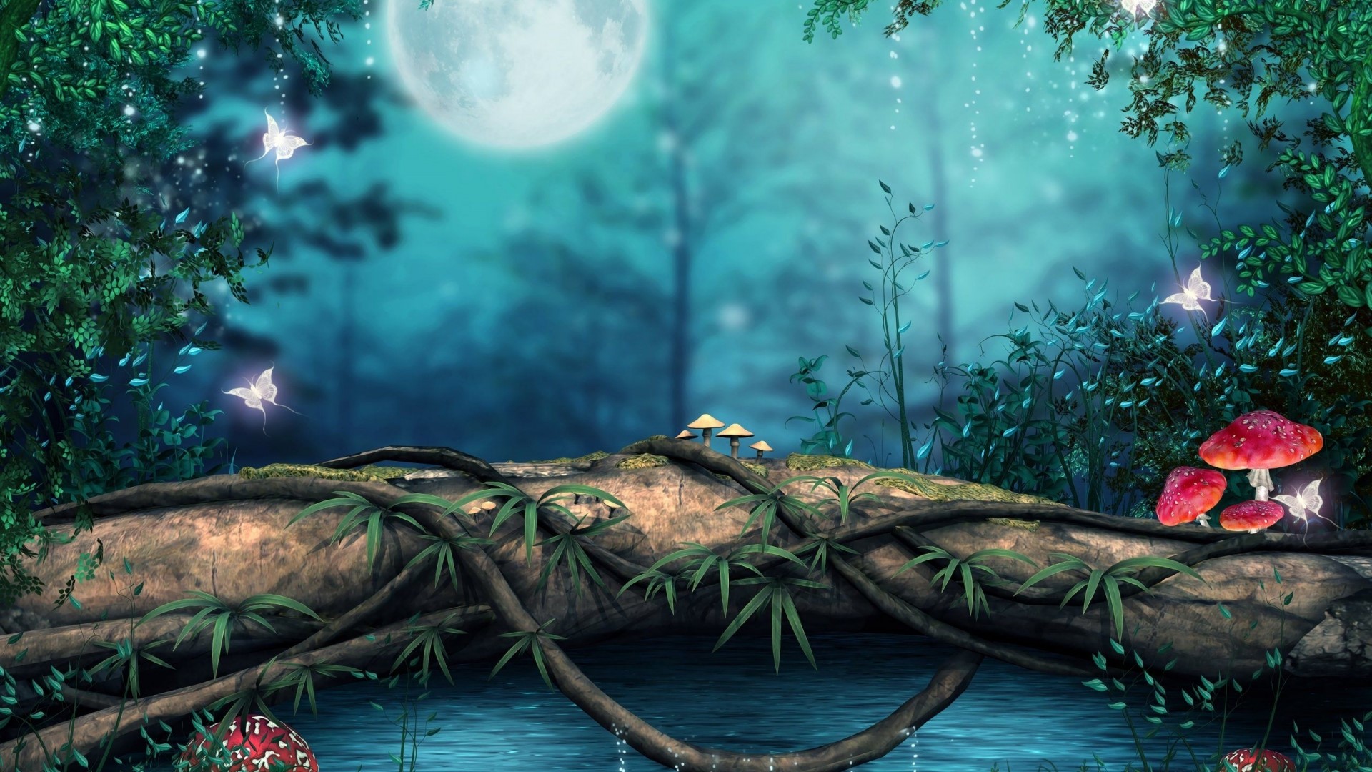 Magical Forest with Moon and Butterflies HD Wallpaper