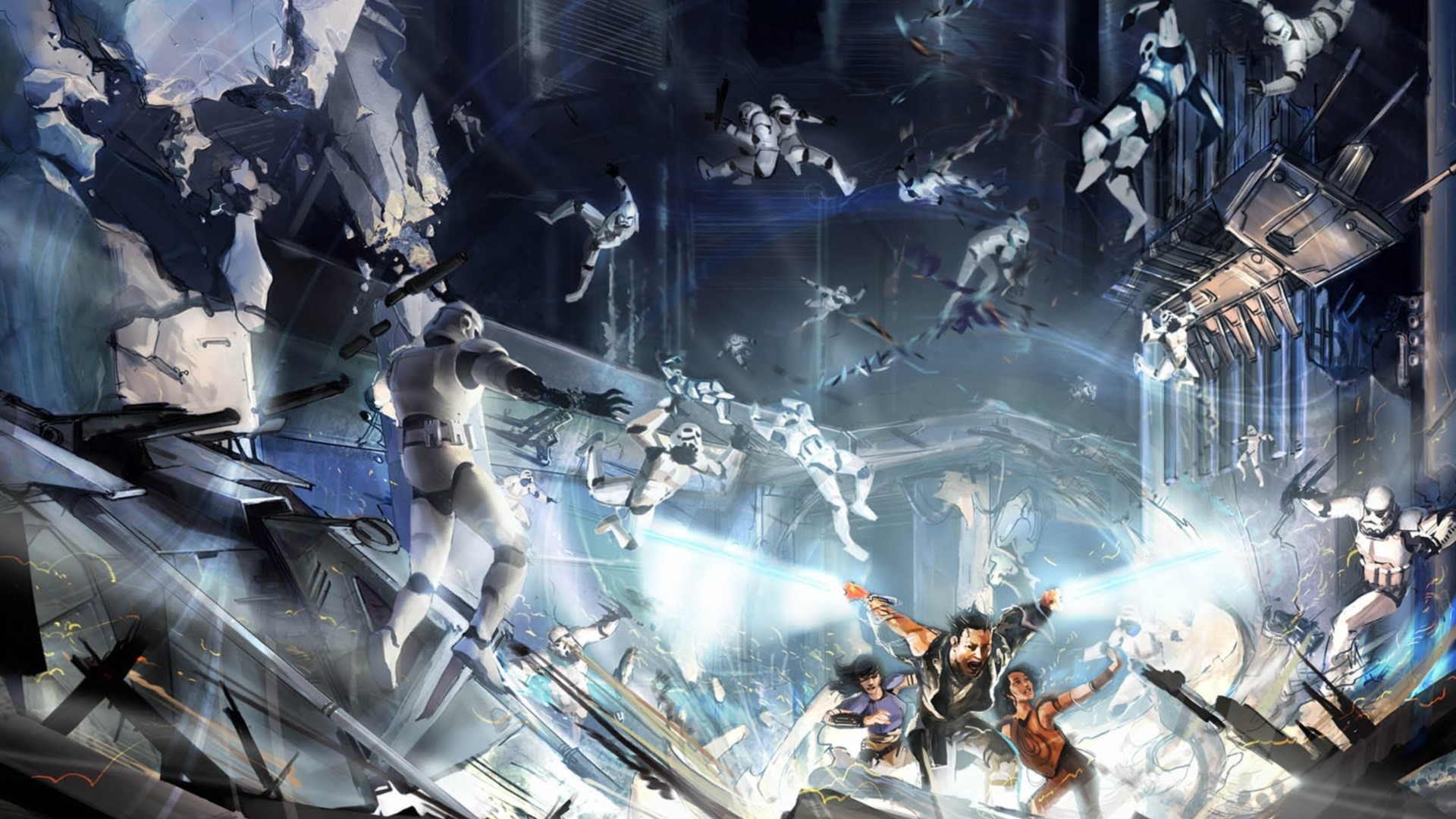 Star Wars battle scene with stormtroopers and rebels HD Wallpaper