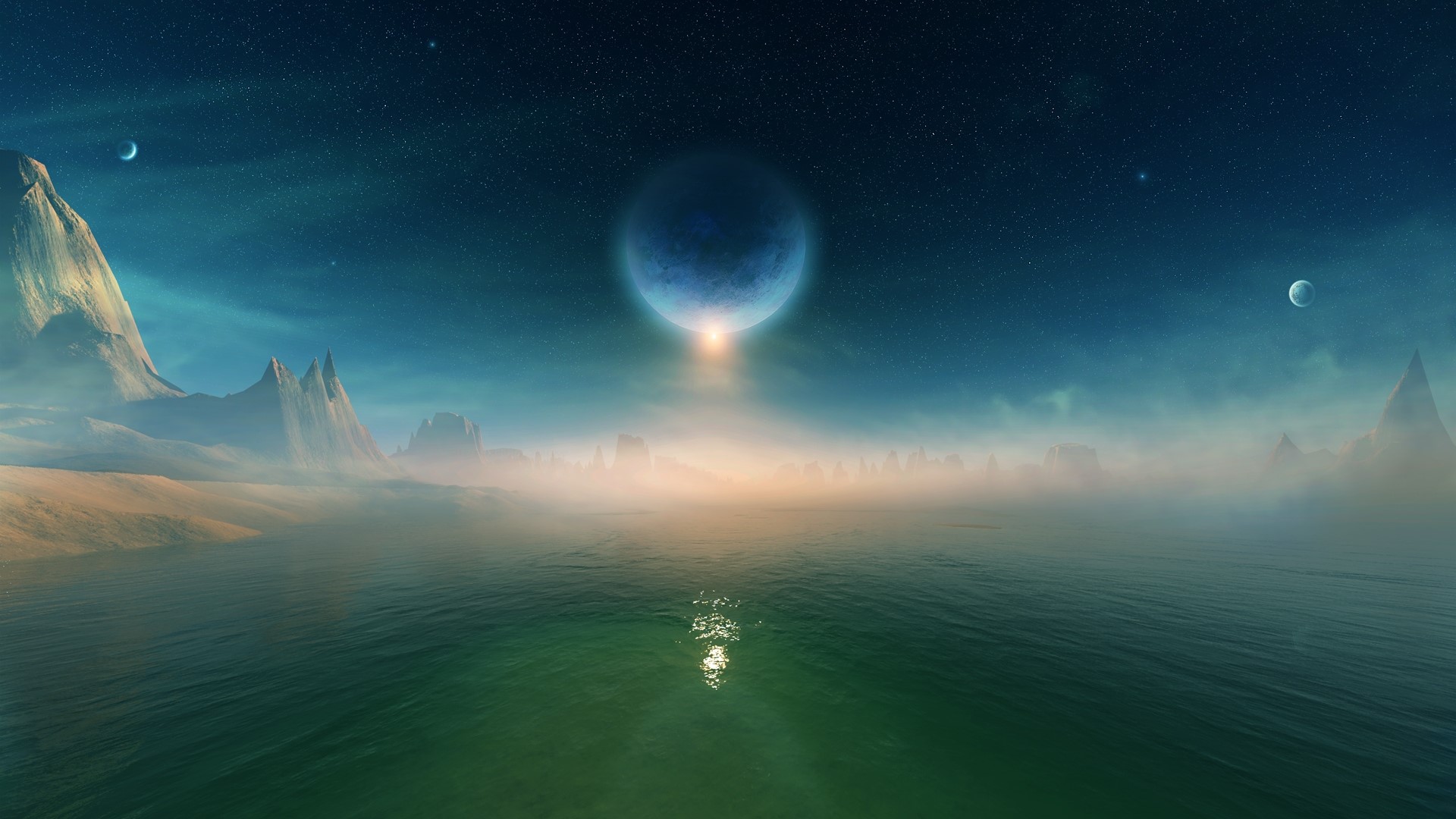 Alien planet with large moon and ocean HD Wallpaper