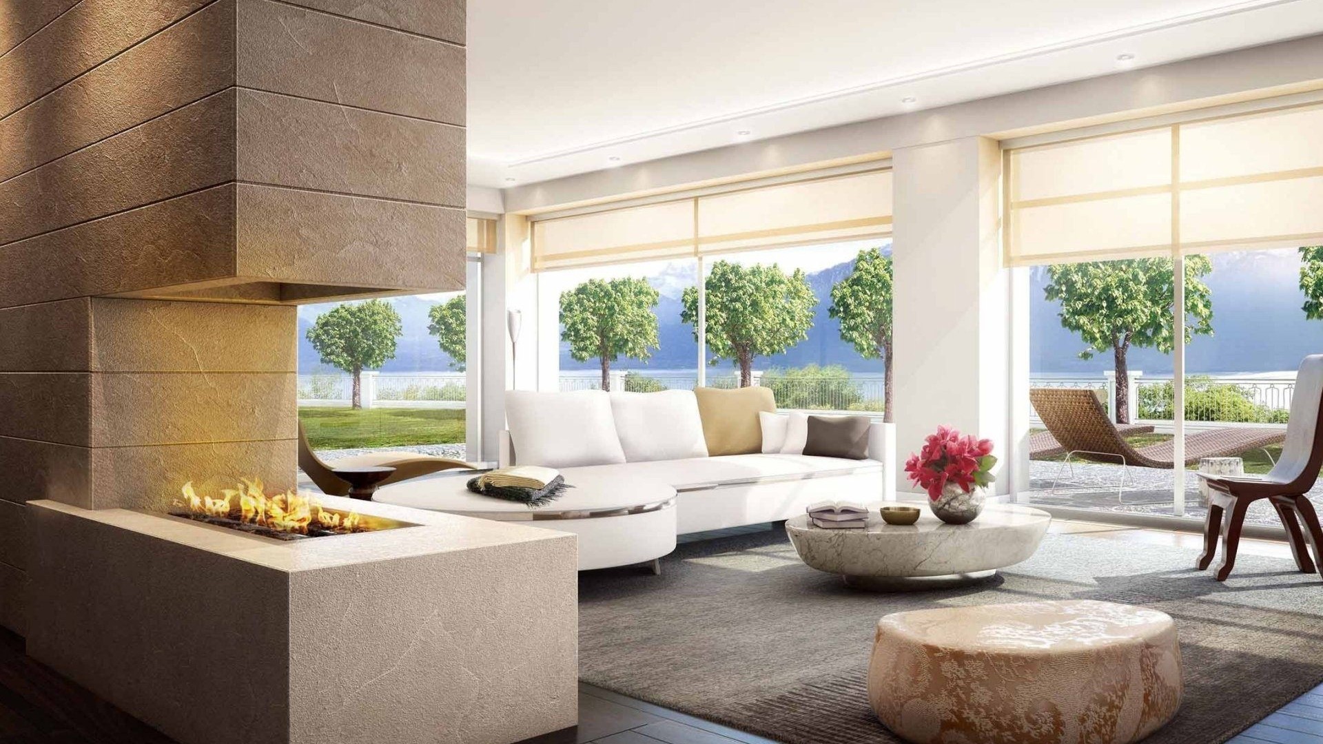 Modern living room with fireplace and scenic view HD Wallpaper