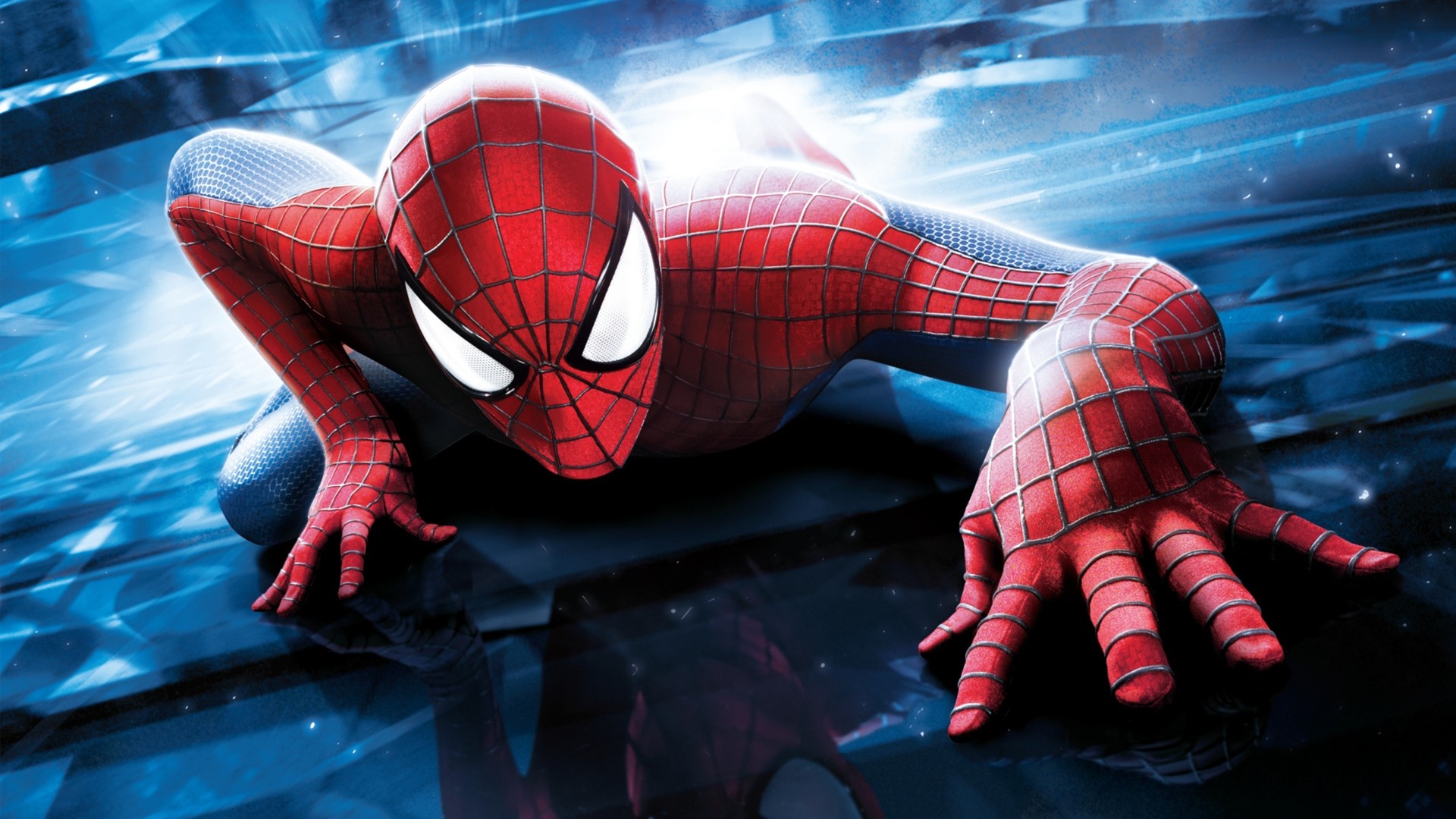 Spiderman crawling on a blue surface HD Wallpaper
