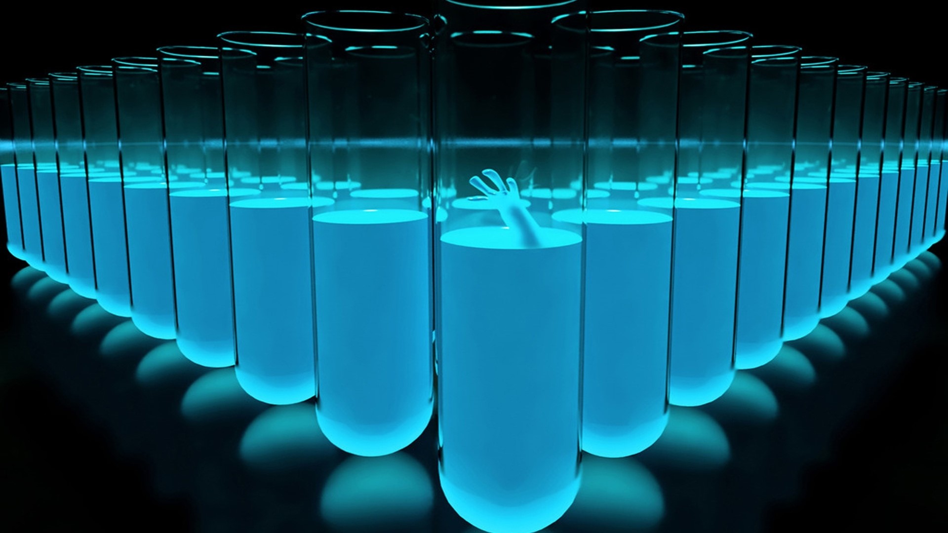 Hand reaching out of a test tube filled with blue liquid HD Wallpaper