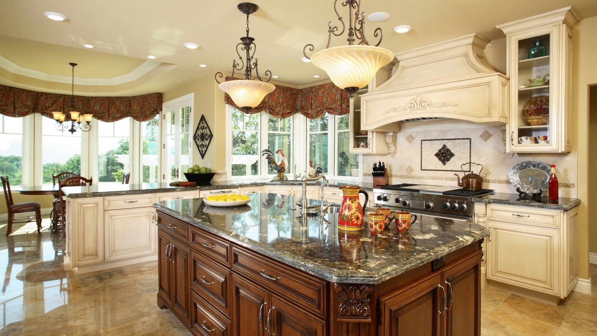 Luxury Kitchen with Island and Large Windows HD Wallpaper