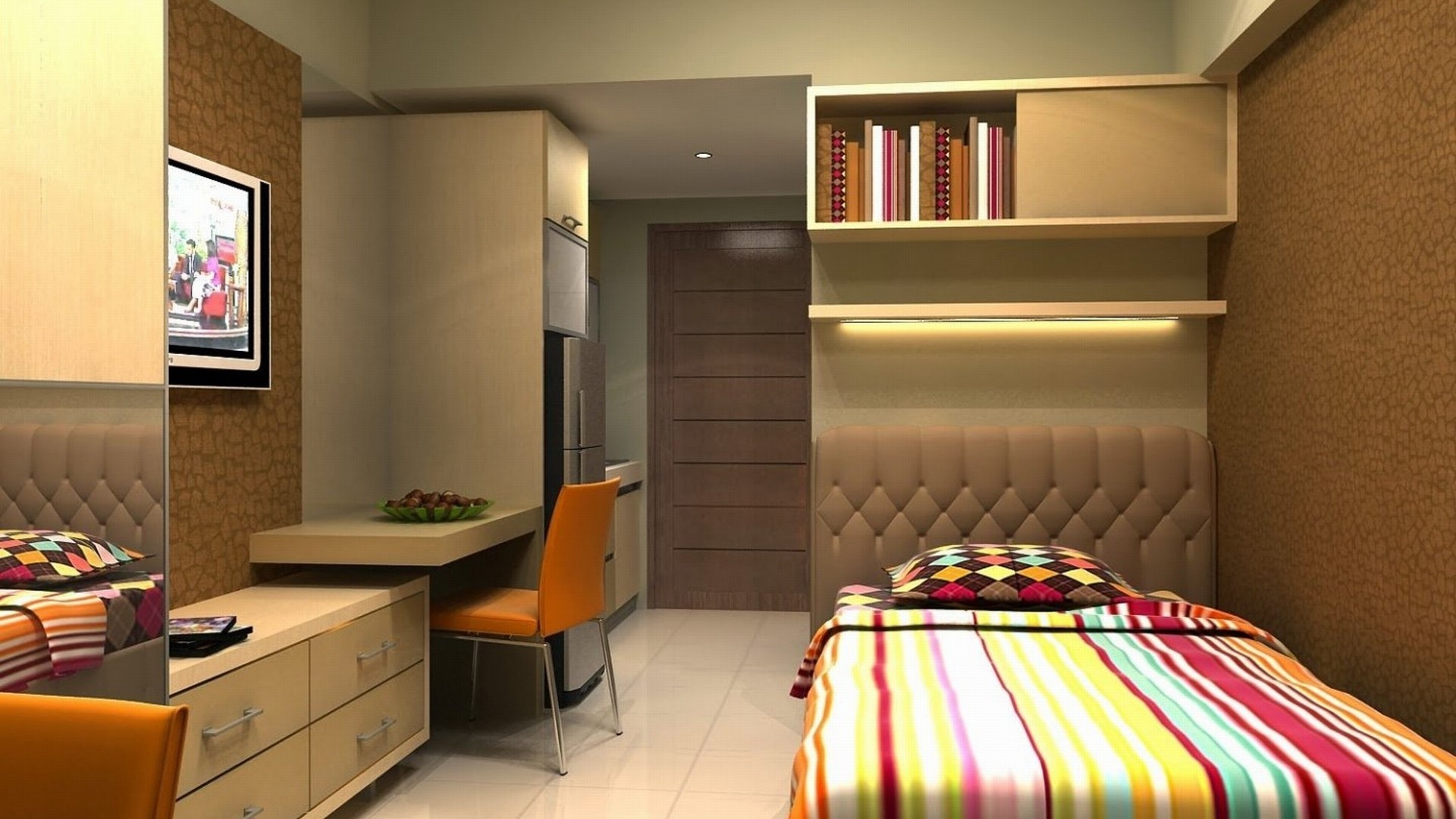Small apartment with bed, desk, and TV HD Wallpaper