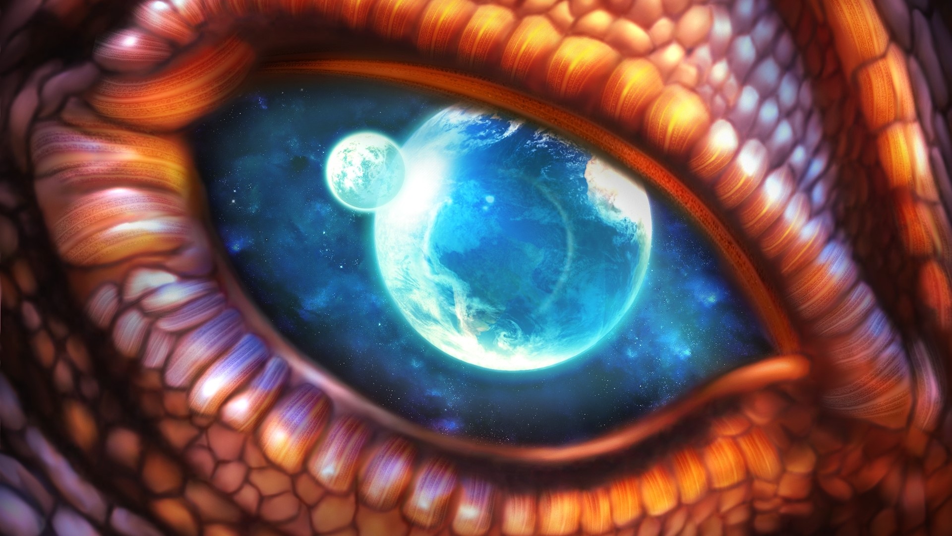 Dragon eye reflecting Earth and Moon HD Wallpaper