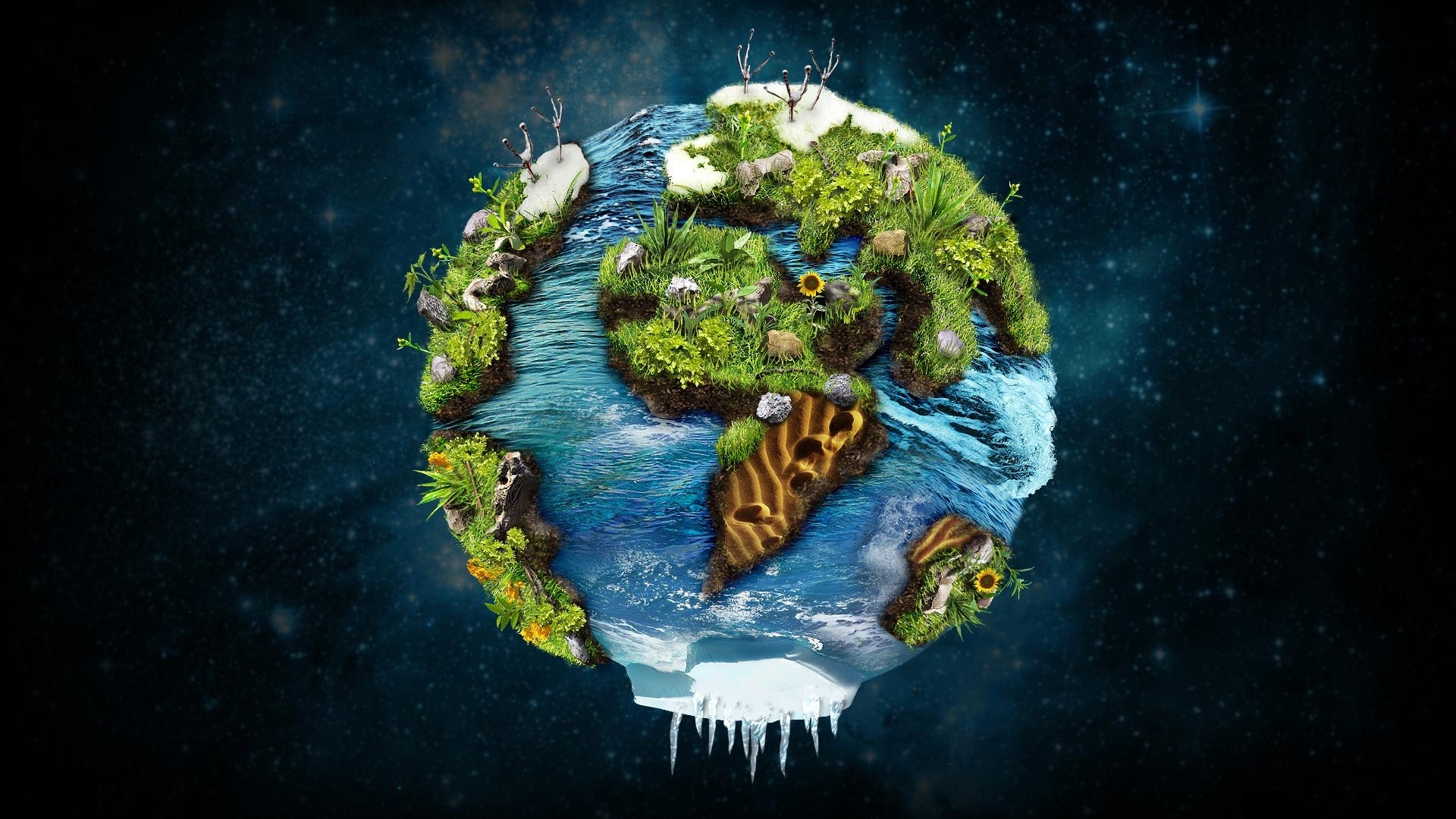 Earth planet with continents made of grass and water HD Wallpaper
