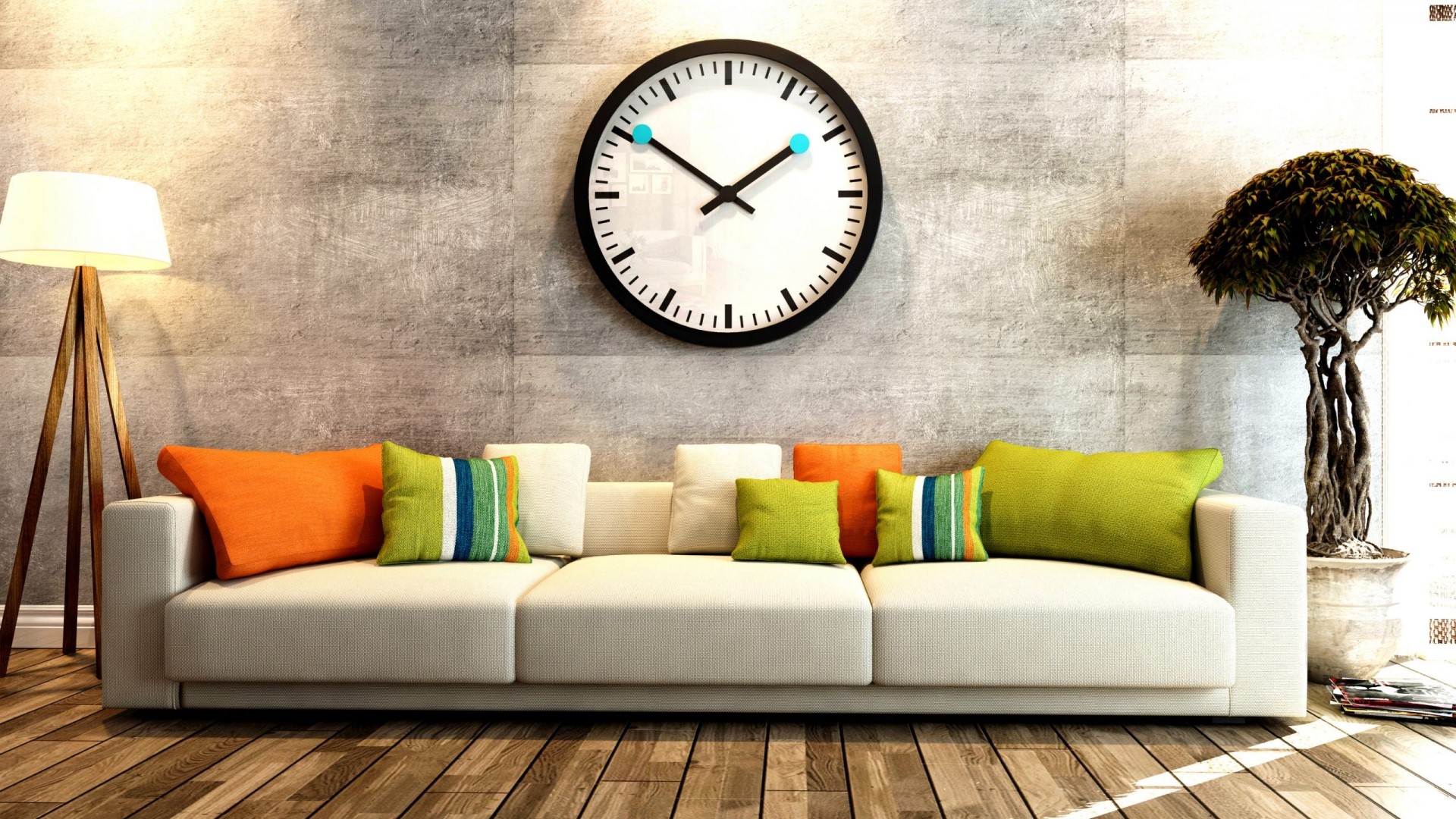Modern Living Room with Sofa and Clock HD Wallpaper