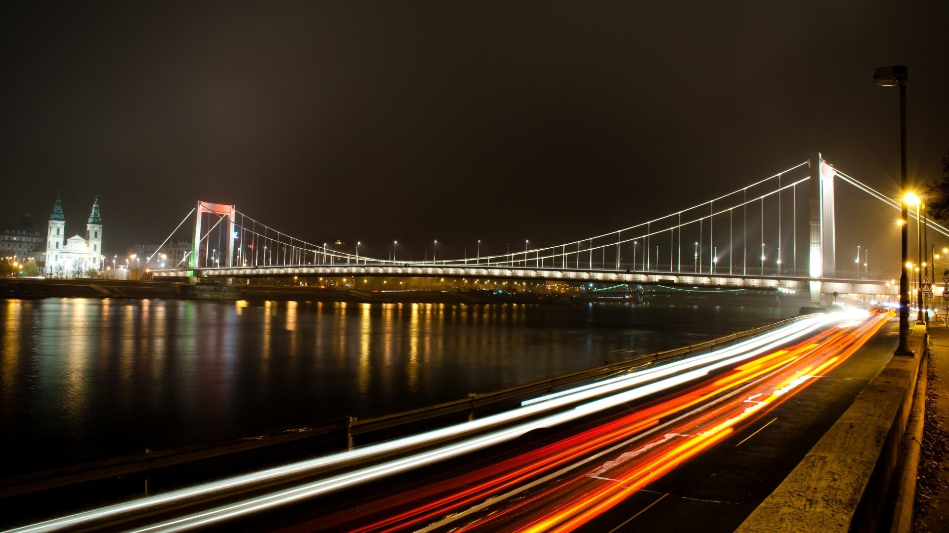 Elisabeth Bridge at night with light trails HD Wallpaper