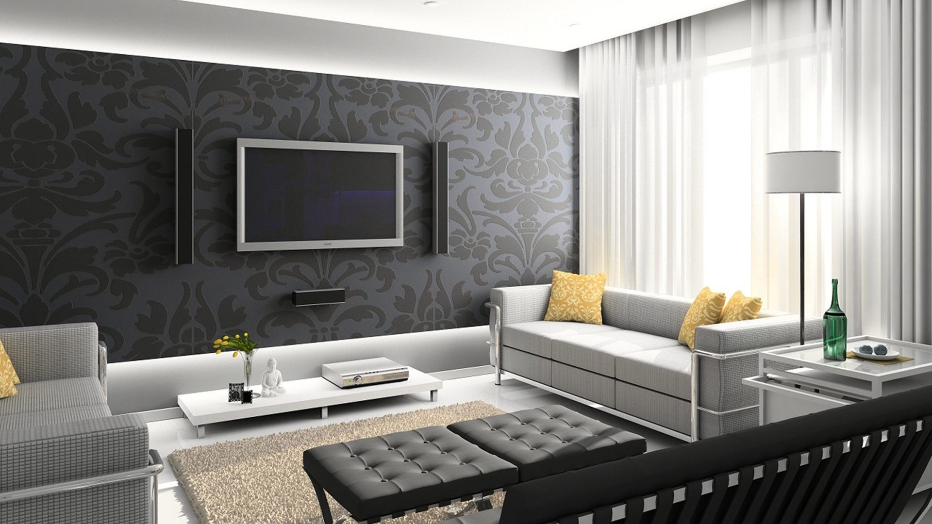 Modern Living Room with Damask Wallpaper HD Wallpaper