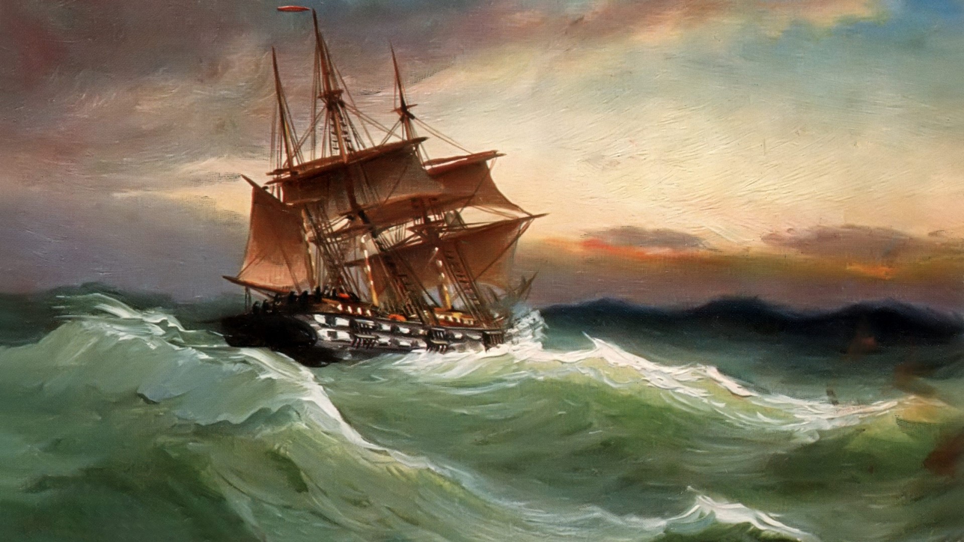 Painting of a tall ship sailing through rough seas HD Wallpaper