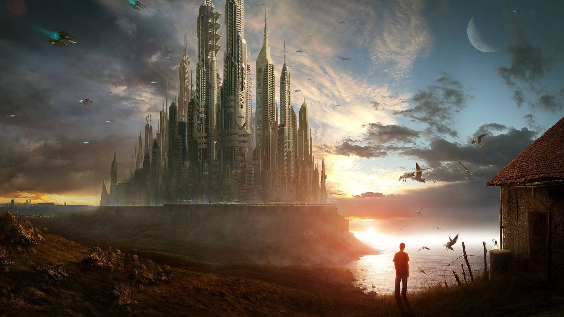 Futuristic Cityscape with Flying Vehicles and a Lone Figure HD Wallpaper