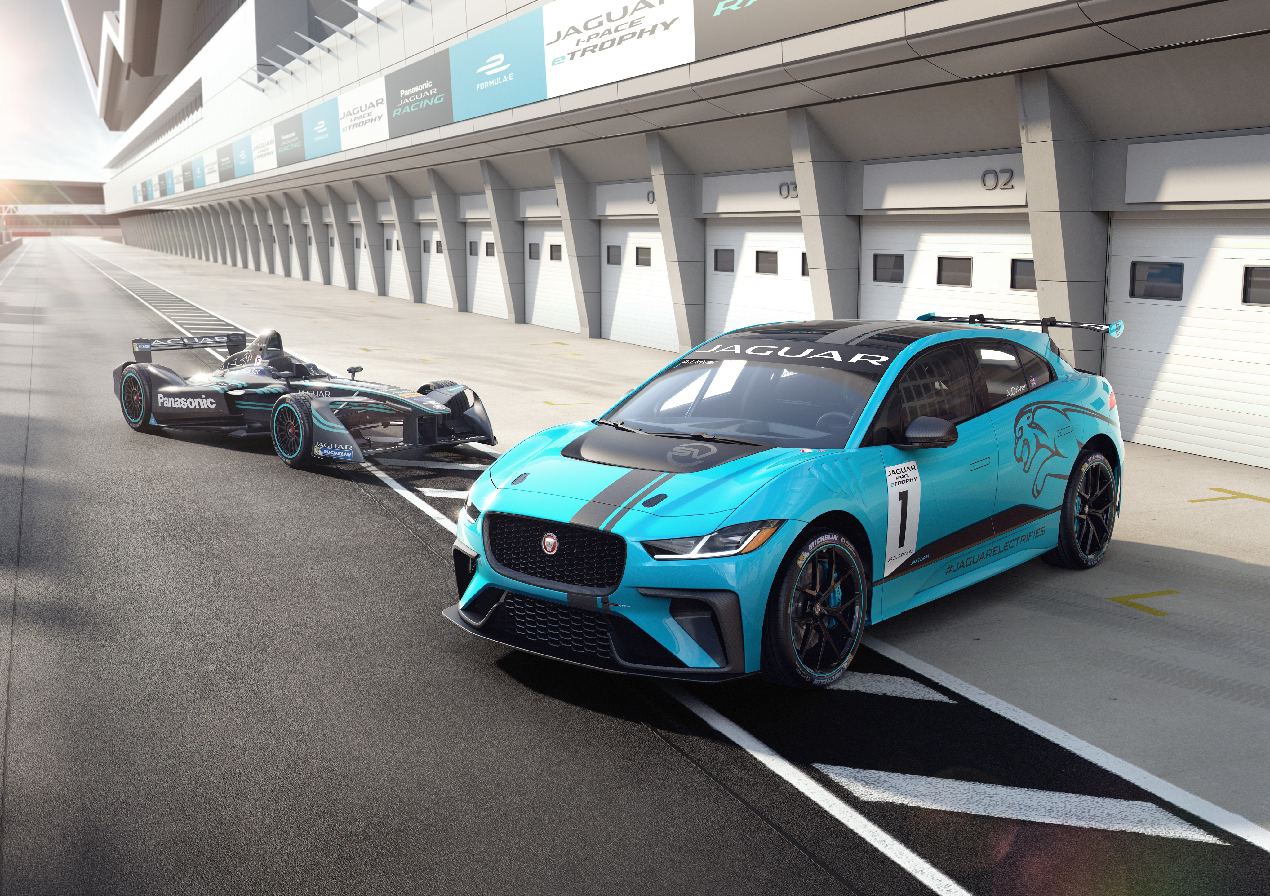 Jaguar I-PACE eTROPHY and Formula E car on track HD Wallpaper