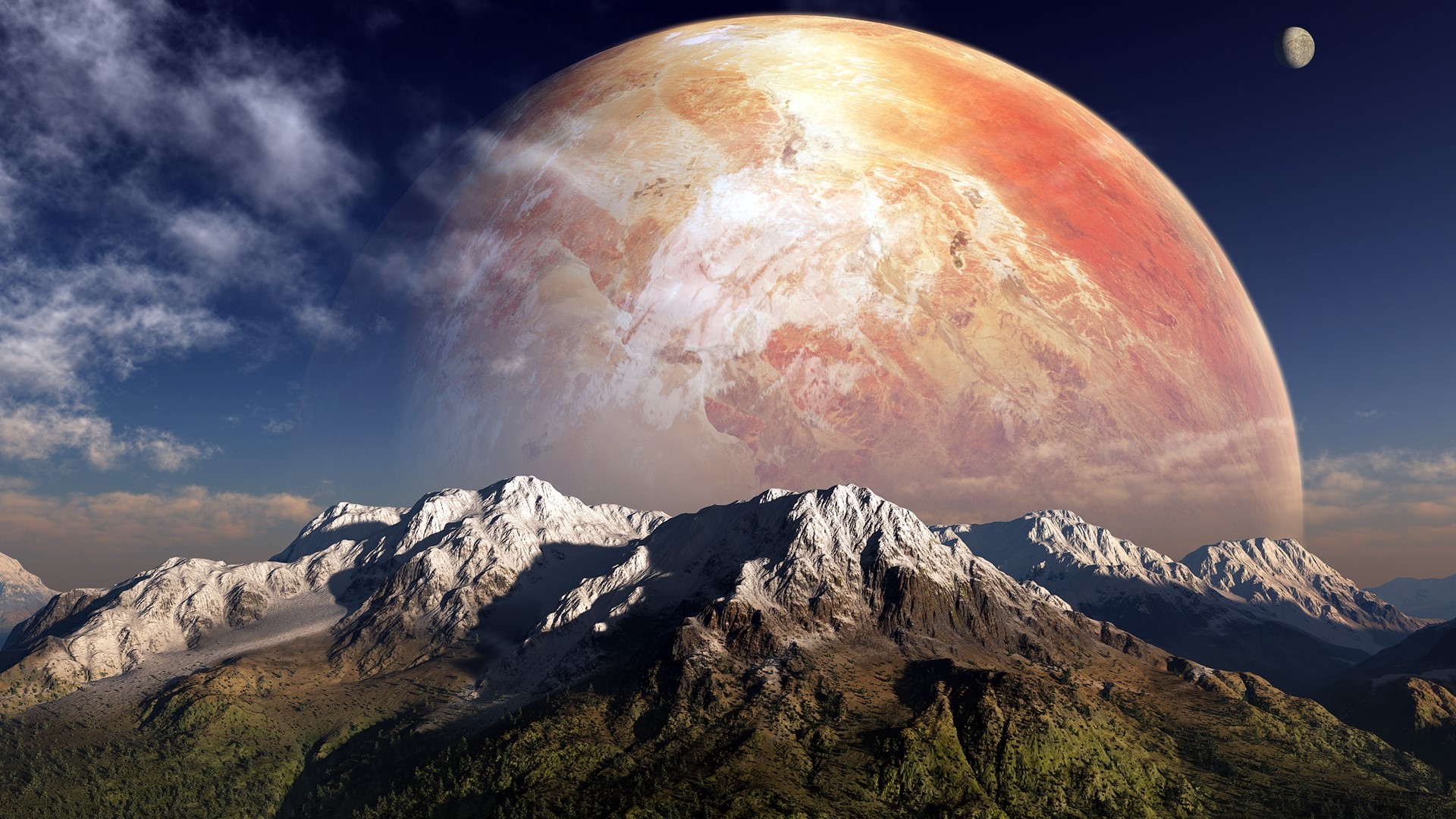 Alien planet with mountains and large planet in sky HD Wallpaper