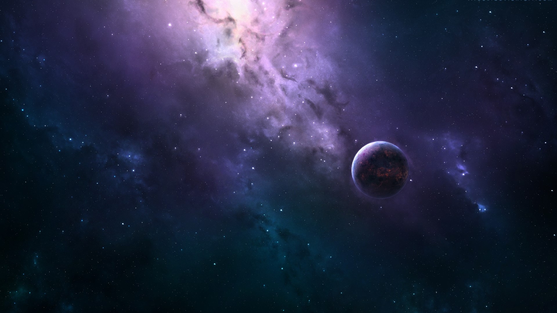 Purple and blue nebula with a planet HD Wallpaper