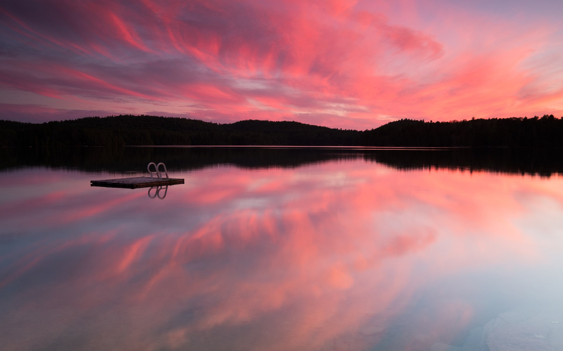 Dock with ladder on lake at sunset HD Wallpaper