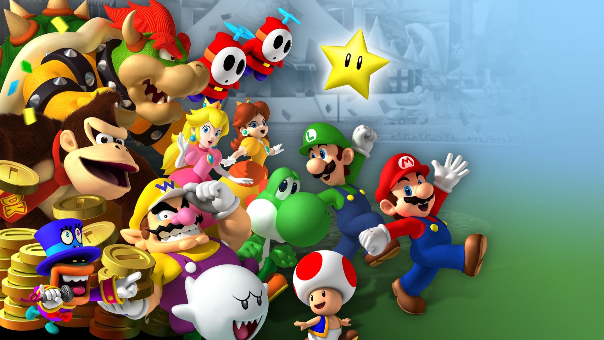 Super Mario Bros characters with Bowser and Donkey Kong HD Wallpaper