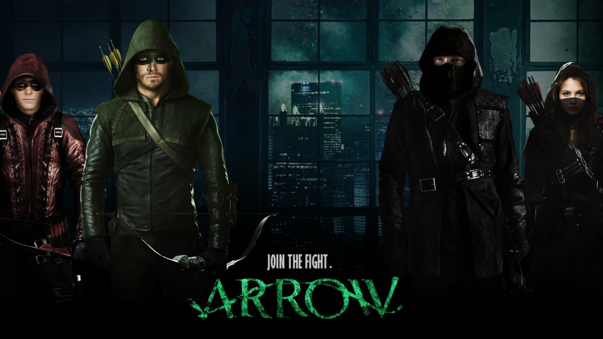 Arrow characters in front of city skyline HD Wallpaper