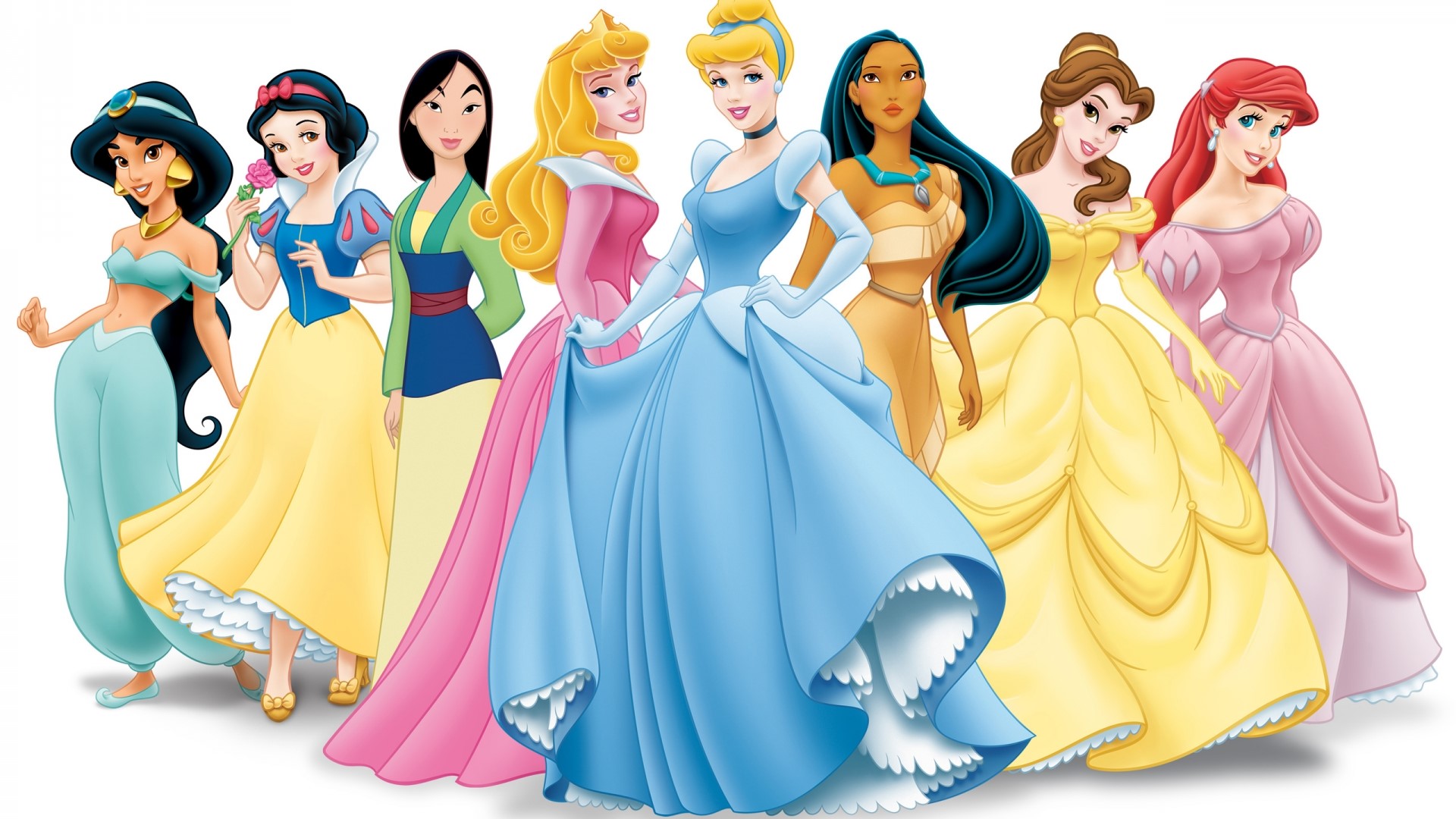 Disney Princesses Jasmine, Snow White, Mulan, Aurora, Cinderella, Pocahontas, Belle, and Ariel HD Wallpaper