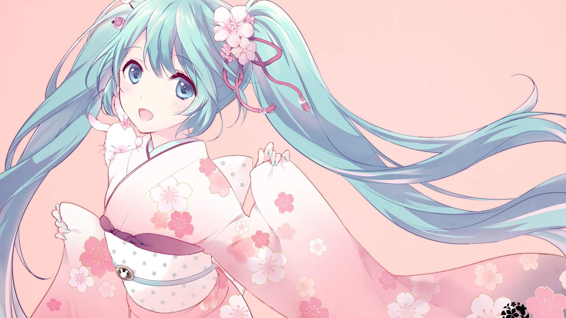 Hatsune Miku from Vocaloid in a Kimono HD Wallpaper