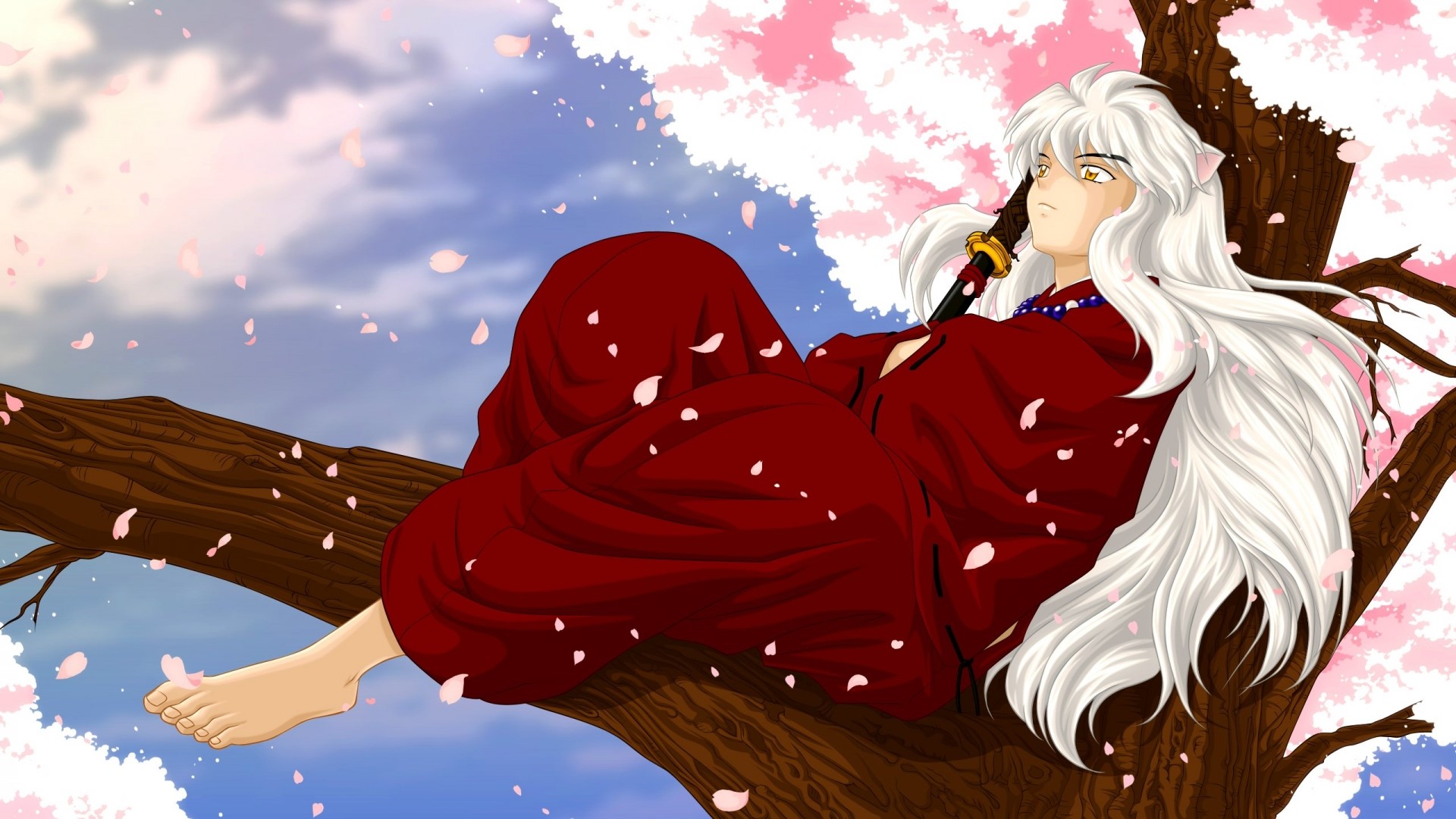 Inuyasha sitting on a tree branch with cherry blossoms HD Wallpaper