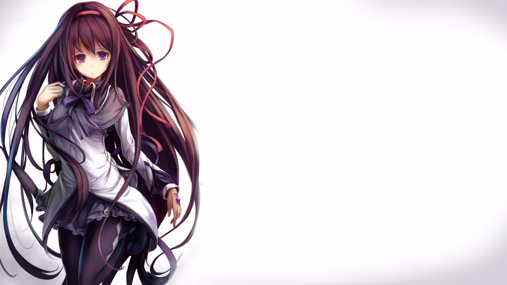 Anime girl with long dark hair and purple eyes HD Wallpaper