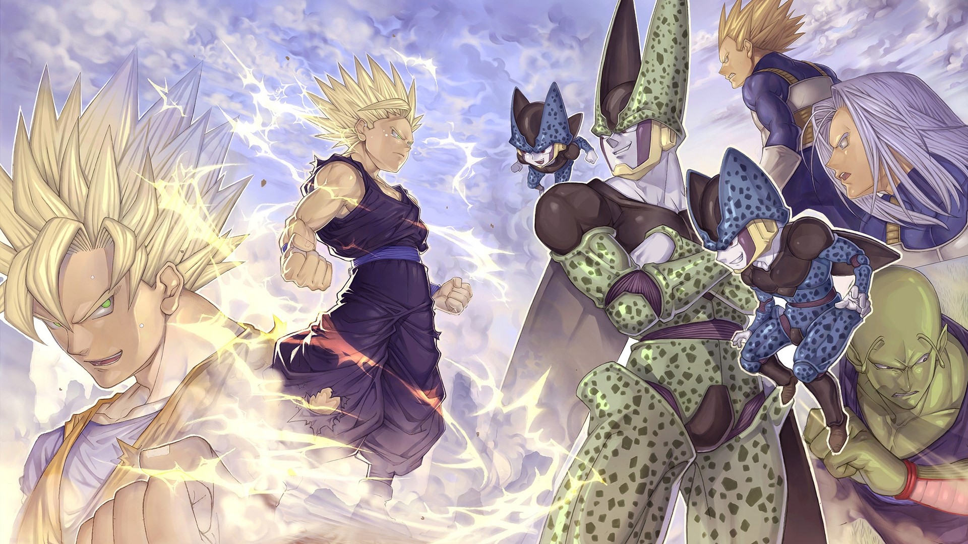 Gohan and Goku from Dragon Ball Z facing Cell and his forms HD Wallpaper