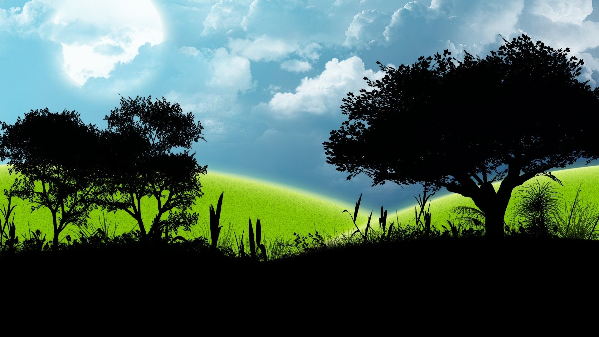 Silhouette trees on a grassy hill under a cloudy sky HD Wallpaper