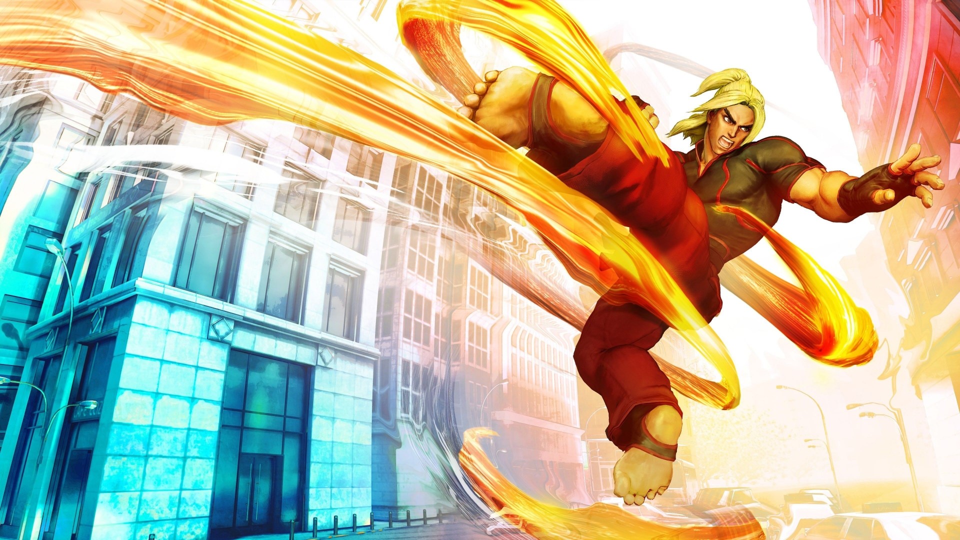 Ken Masters from Street Fighter performing a flaming kick HD Wallpaper