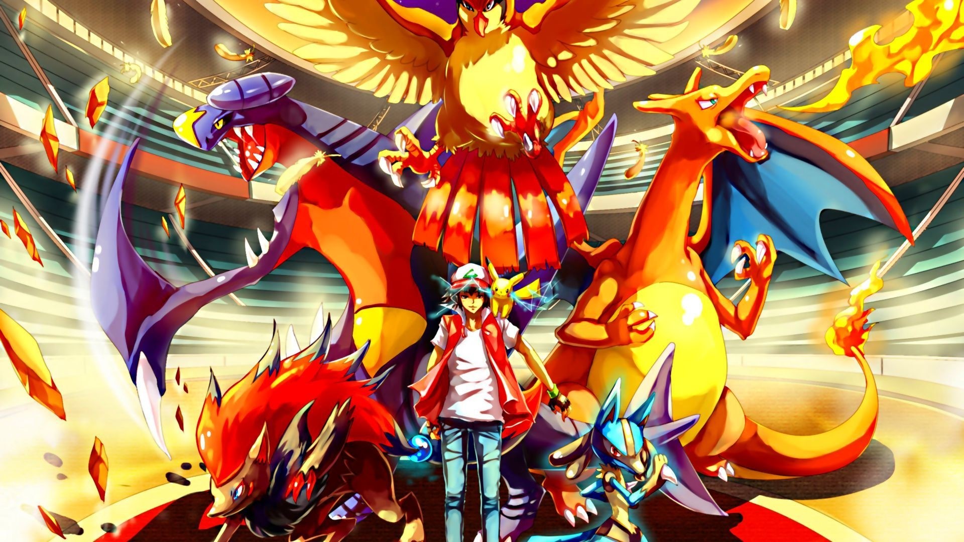 Red and his Pokemon team in an arena HD Wallpaper