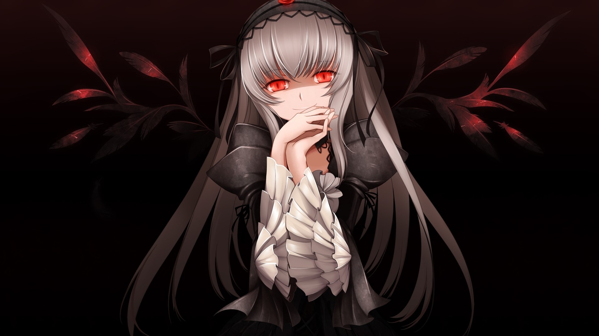 Anime girl with red eyes and dark wings HD Wallpaper