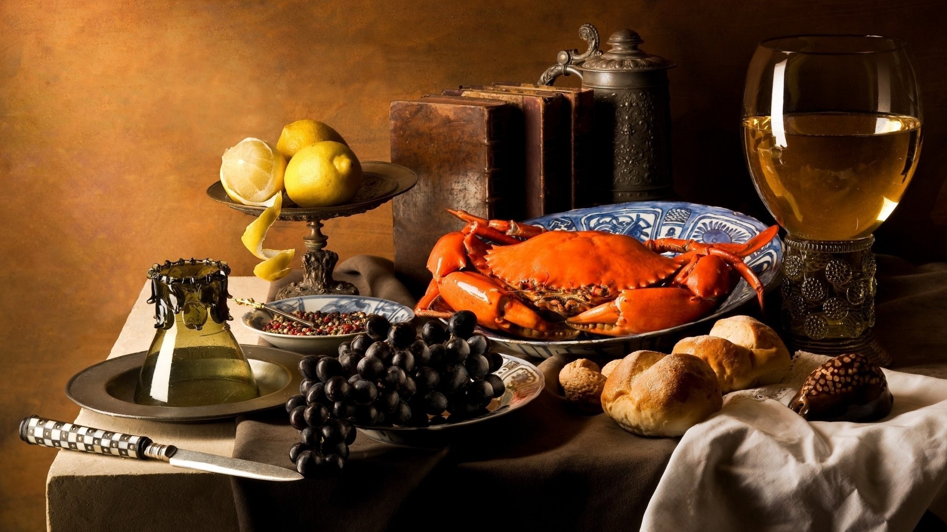 Still life with crab, fruit, bread, and wine HD Wallpaper